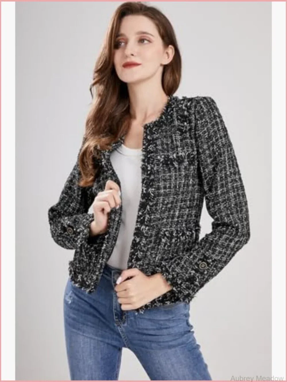 Elegant Open Front Fringed Plaid Tweed Jacket Blazer